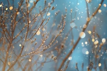 Winter branches with frost and bokeh on a bright blue background