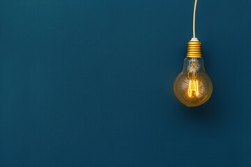 Vintage Edison light bulb hanging against dark blue textured background