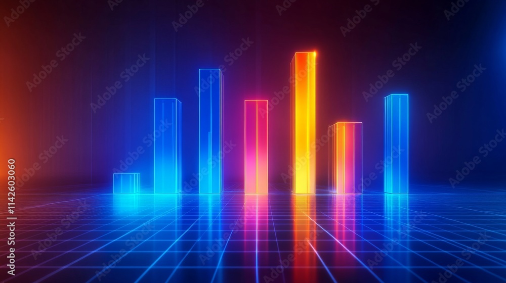Poster colorful neon bar graph on dark background for data visualization