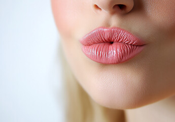 Close-up of a woman's lips highlighting a soft pink lip color and a subtle pout in a well-lit setting