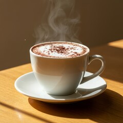 Obraz premium Steaming hot cappuccino in white cup on wooden table with sunlight