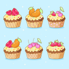 Vector cupcakes with different fruits and colored sugar sprinkles
