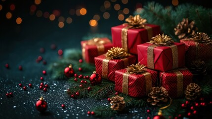 Christmas background card with red gifts copyspace