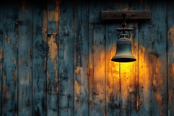 An old bell casts a warm glow on a weathered blue wooden wall.