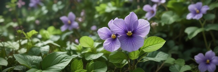 Wild violet flower with soft pastel petals and lush green foliage, natural, growth, gentle, soft tones, springtime