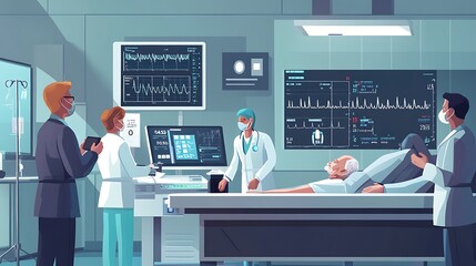 A healthcare team in a modern hospital room uses a computer to track patient health metrics, including temperature, pulse, and oxygen levels. The patient, an elderly man, is monitored through 