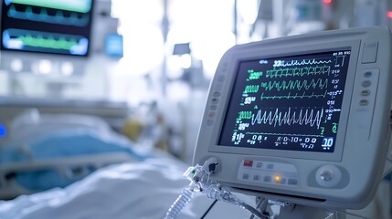 A close-up of a digital health monitoring system showing real-time readings of a patient's blood pressure, heart rate, and temperature. The patient is resting in bed with medical devices attached. 