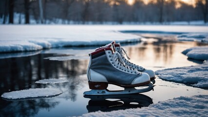Pair of ice skates sits on the edge of a frozen pond at sunset. The cold winter scene is serene and peaceful.