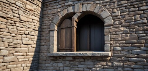 Obraz premium Wooden beam and stone brickwork of an ancient prison's roofline with a single window, medieval, beam