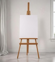 Wooden easel with blank canvas standing against plain white wall, studio, artist, empty