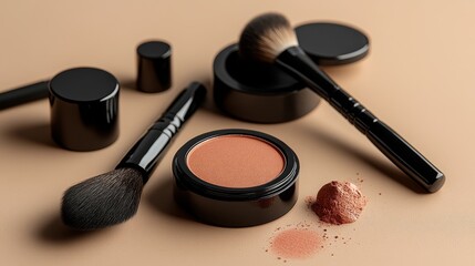 Still life of makeup brushes and compacts arranged on a tan background, showcasing essential beauty tools, cosmetics, and a minimalist aesthetic with clean lines and modern styling.