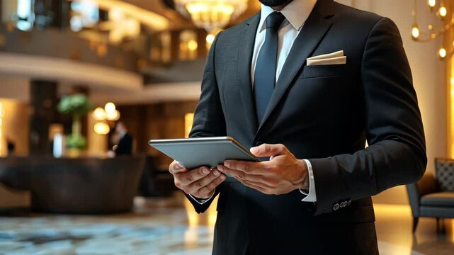Hotel lobby, concierge and Businessman using a digital tablet for online bookings guest service and reservation hospitality website for job, work receptionist for efficient communication