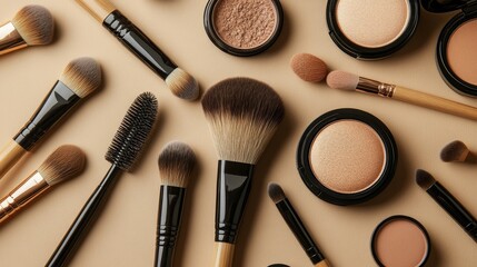 Still life of makeup brushes and compacts arranged on a tan background, showcasing essential beauty tools, cosmetics, and a minimalist aesthetic with clean lines and modern styling.
