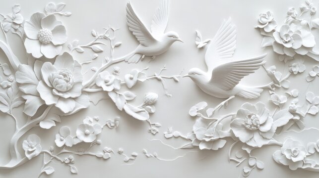 Elegant white bas-relief wall art featuring doves and flowers.