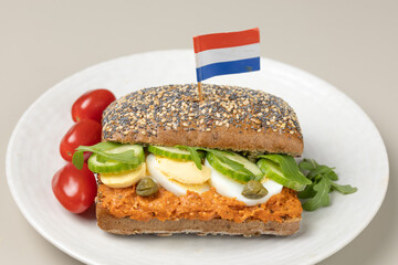 Sandwich Fillet American or Filet Americain  with eggs and cucumbers