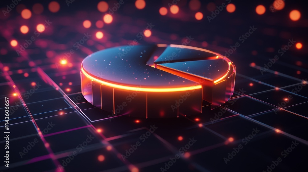 Poster vibrant 3d pie chart with glowing effects and abstract background