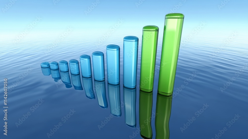 Poster 3d bar graph rising above calm water surface reflection
