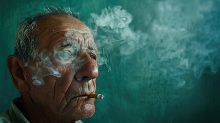 Portrait of an elderly man smoking a cigarette. Smoke balls wrap around the smoker's head. Isolated green background with copy space, blank space