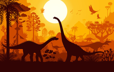 Prehistoric dinosaur silhouettes, sunset landscape of Jurassic era forest, vector background. Dino world with giant lizards, prehistoric pterodactyl birds and predator reptiles for paleontology atlas