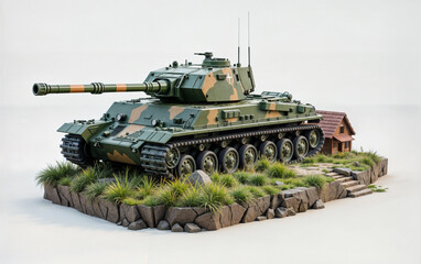 A Military Panzer Tank war vehicle with green camouflage color, The sleek 3d deformed style on grass island against an isolated white background