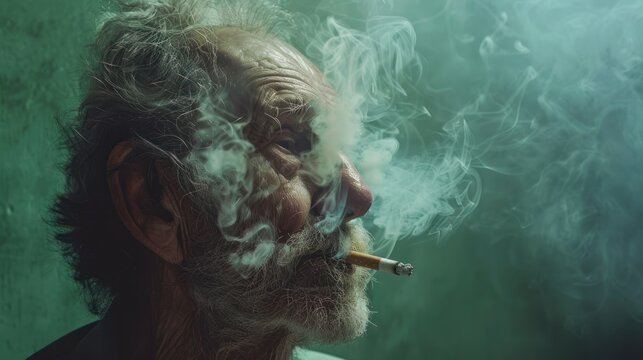 Portrait of an elderly man smoking a cigarette. Smoke balls wrap around the smoker's head. Isolated green background with copy space, blank space