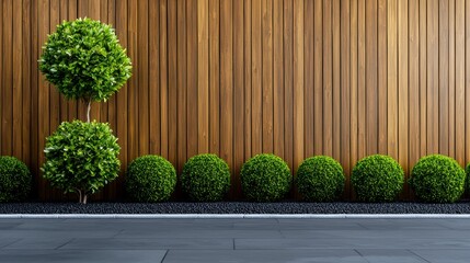 Fototapeta premium Modern Landscaping with Decorative Topiary Trees and Lush Green Bushes Against a Stylish Wooden Wall in an Elegant Outdoor Space