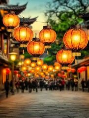 Obraz premium Red Lantern Festival Magic, Lanterns Illuminate a Vibrant Festival Street Scene