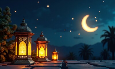 Obraz premium Islamic lanterns ornate crescent moon glowing lights night