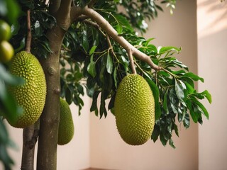 Lush jackfruit tree branches heavy with vibrant green fruit in a peaceful indoor setting