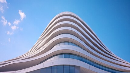 Modern Architectural Design Featuring Curved Facade of Contemporary Building Against Blue Sky with Soft Clouds