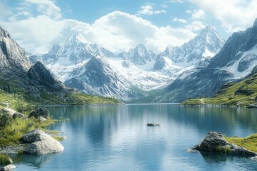 Calm mountain lake with snow-capped peaks in the background, untouched natural setting, focus on environmental serenity, photo-realistic high-detail landscape capture