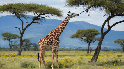 Obraz premium A serene giraffe feeding on tall vegetation in a sprawling plain, with majestic mountains rising in the backdrop of the African savanna.