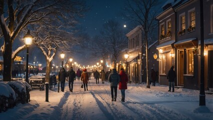A romantic snowy night in a charming European town. Couples stroll along a snow-covered street lined with warm, inviting buildings.