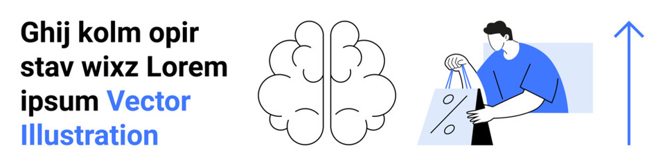 Person holding shopping bag, brain diagram in the middle, blue upward arrow, text on the left. Ideal for e-commerce, mental wellness, growth, online shopping, productivity advertising motivation