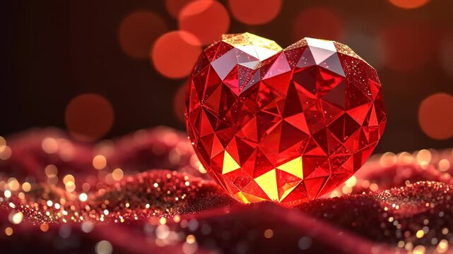 Faceted crystal heart with a red glow, surrounded by soft bokeh lights, creating a warm and romantic atmosphere