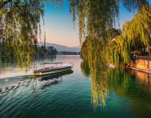 Fototapeta premium Weeping willow and boat on the Adda in Brivio, Lombardy, Italy