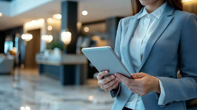 Hotel lobby, concierge and Business woman using a digital tablet for online bookings guest service and reservation hospitality website for job, work receptionist for efficient communication