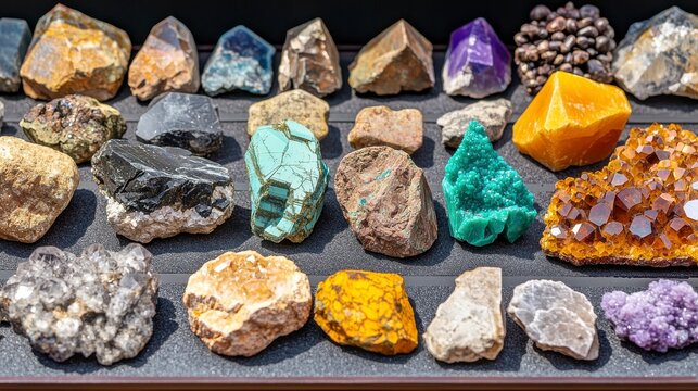 A Vibrant Display of Natural Mineral Crystals and Stones Showcasing Unique Colors and Textures Found in the Earth's Bounty for Educational and Artistic Purposes