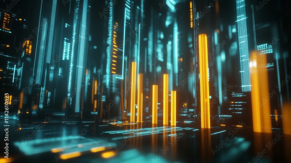 Poster futuristic digital landscape with glowing binary code and data bars