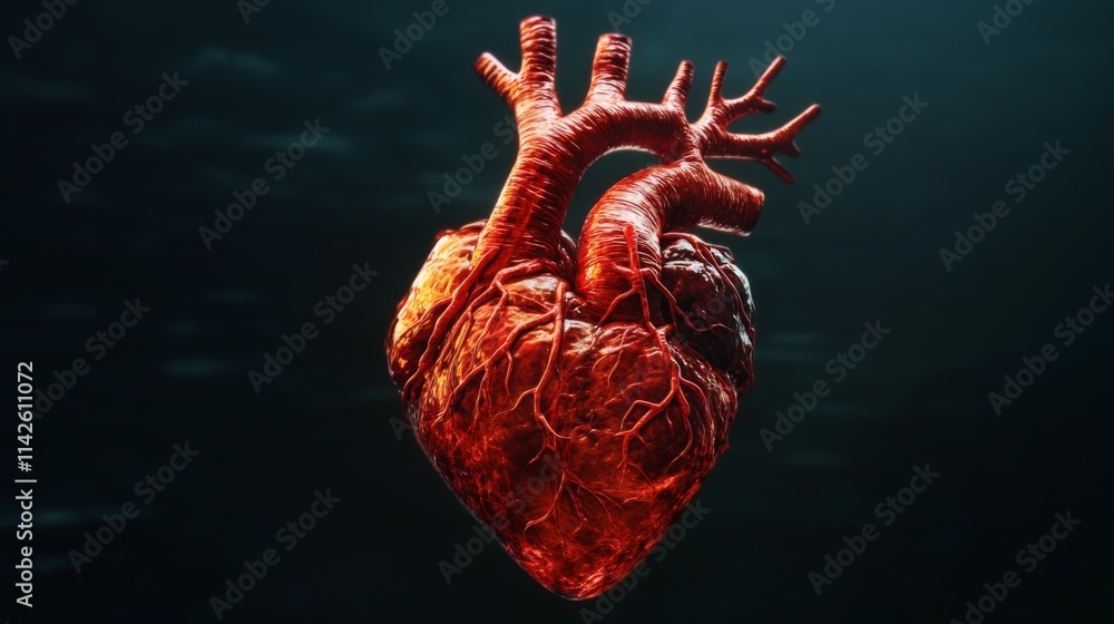 Poster anatomically accurate human heart render on dark background