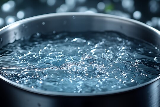 Close-up of boiling water bubbling vigorously in a stainless steel pot, ready for cooking.