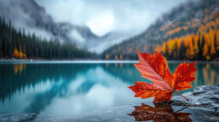 Maple leaf, a picturesque Canadian landscape with a lake and mountains. Canada Day symbol, Flag 