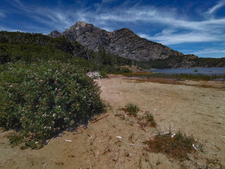 Empty landscape beach surrounded by forest, bariloche, rio negro province, argentina