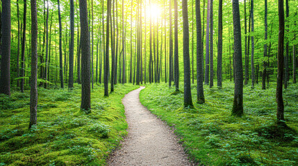 Obraz premium A path through a forest with sunlight shining through the trees