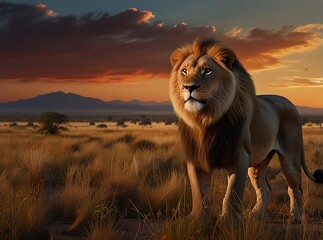 very strong and large lion looking at the front with a serious look on his face, while standing in of a dark background with a blurry light .