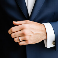 Fototapeta premium A man wearing a suit and tie is holding his hand up to show off his wedding ring