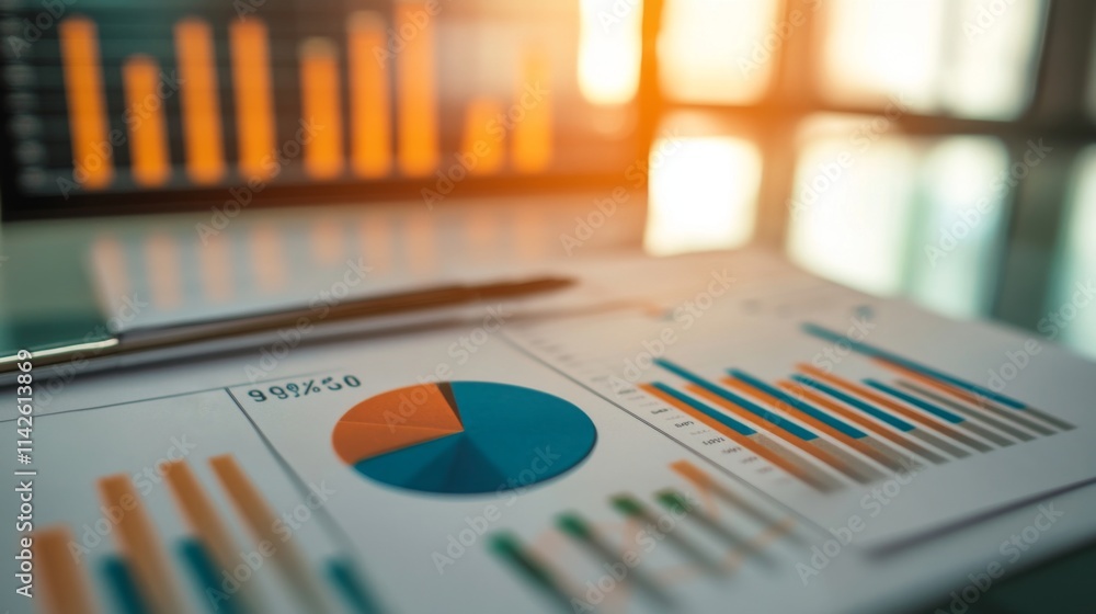 Poster business charts and graphs on table with sunlight reflection