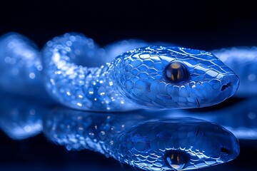 A close-up shot of a mesmerizing blue snake with reflective scales on a black background, highlighting its intricate details and alluring presence.