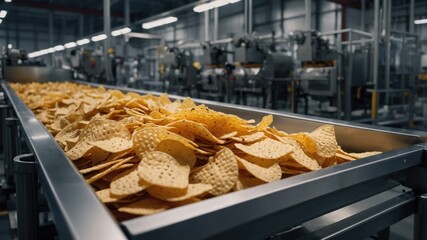 A close-up shot of a conveyor belt filled with golden-brown tortilla chips in a food production facility. The chips are freshly made and ready for packaging.