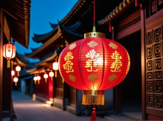 Lanterns illuminate a traditional street in an ancient town during evening hours